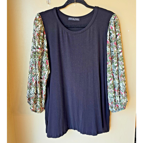 Kim and Cami Black Blouse Floral Sheer Sleeves Size XL Boho Artsy - Picture 1 of 7